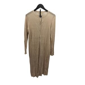 Eileen Fisher Womens Organic Linen Natural Round Neck Long Crepe Duster Cardigan
